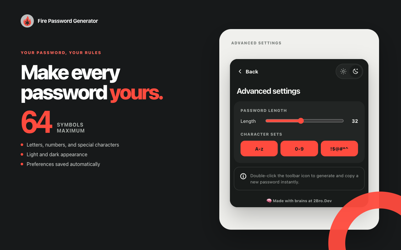 Customize password length, character sets, and theme
